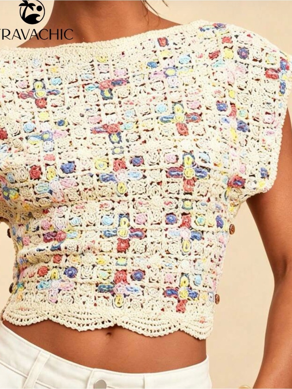 Cream Crochet Crop Top with Pastel Accents